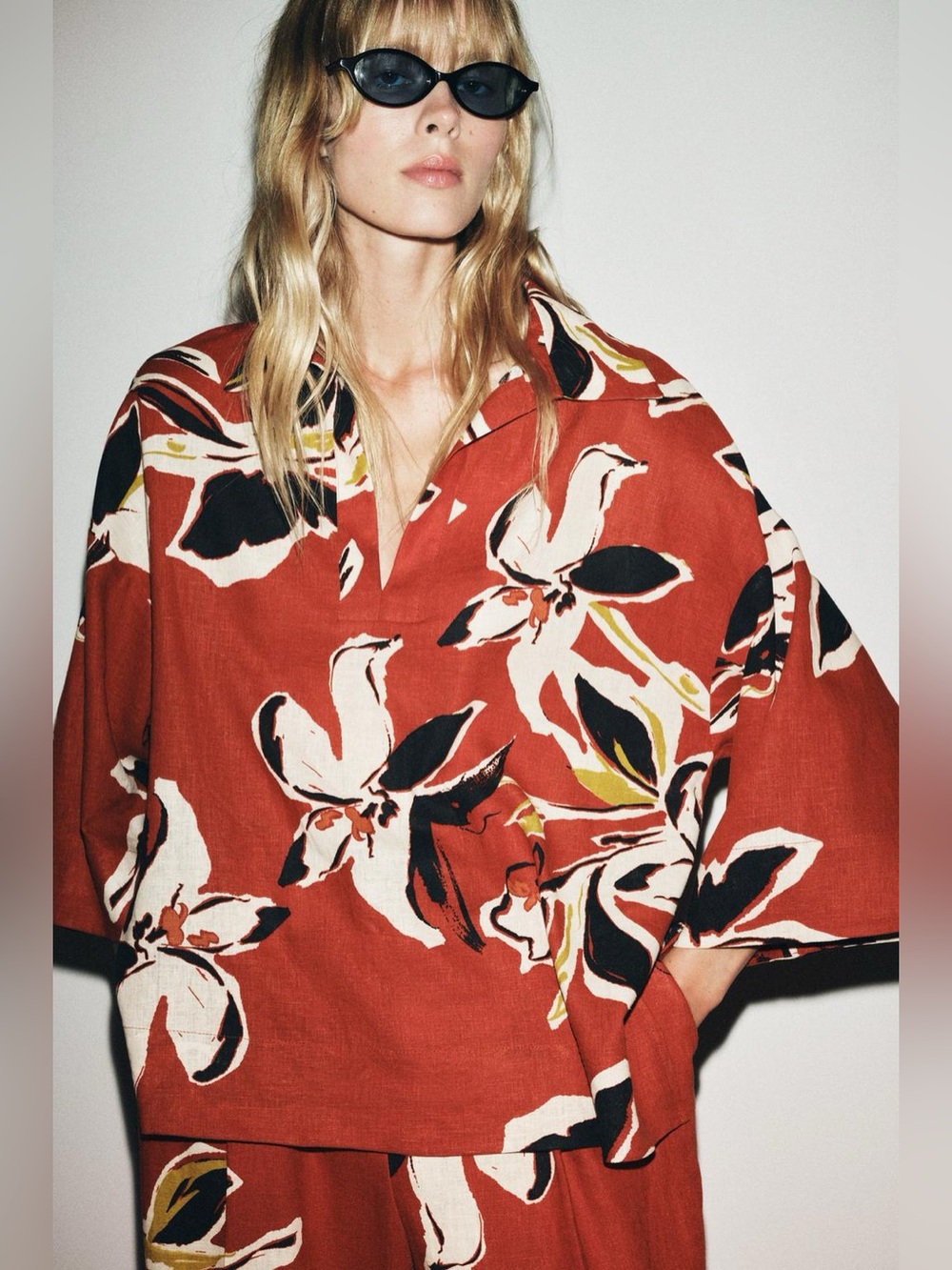 ZARA Floral Linen Blend Oversized Button Front Top S